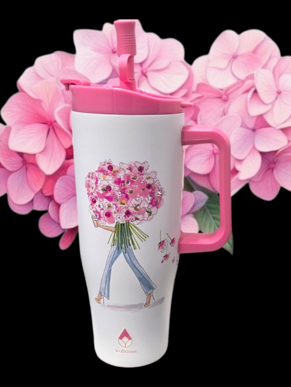 Wellness Pink Floral Travel Mug with Handle and Flip Straw Lid